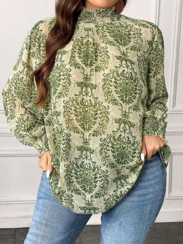  Ethnic Pattern Frill Trim Shirred Keyhole Back Blouse, Boho Bishop Sleeve Mock Neck Top for Fall & Winter, Women's Clothes for Daily Wear