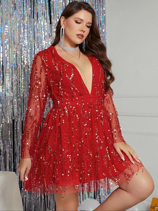 Plus Size Summer Clothes, Glitter Sequin Trim Sheer A Line Dress, Elegant Deep V Neck Long Sleeve Dress For Party Banquet, Women's Clothing For Summer Christmas