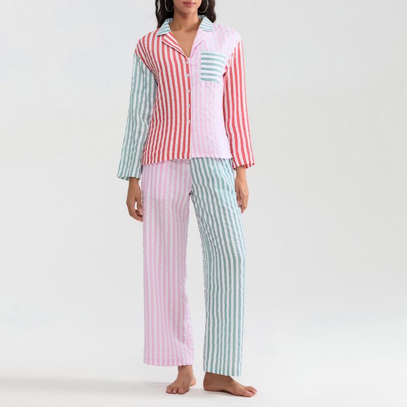 Women 2 Piece Christmas Striped Pajamas Lounge Set Y2k Long Sleeve Button Down Shirts Wide Leg Pants Sets Sleepwear Loungewear Pajama Set