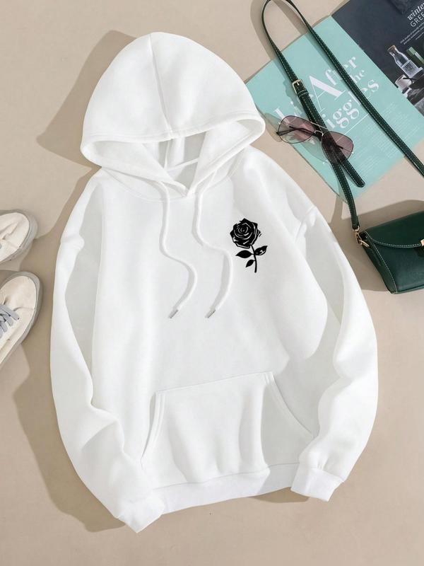 Women's Floral Print Drop Shoulder Drawstring Hoodie, Fashion Casual Pocket Hooded Sweatshirt for Daily Outdoor Wear, Women Fall & Winter Clothes