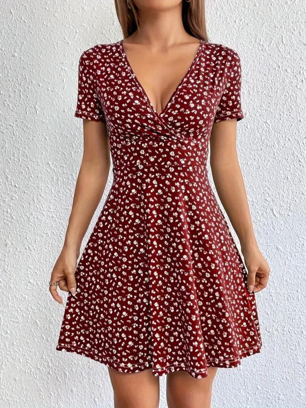 Women's Ditsy Floral Print Wrap A Line Vintage Dress, Boho V Neck Short Sleeve Dress for Daily Holiday Vacation Wear, Frenchy Style Summer Clothes Women, Ladies Dress