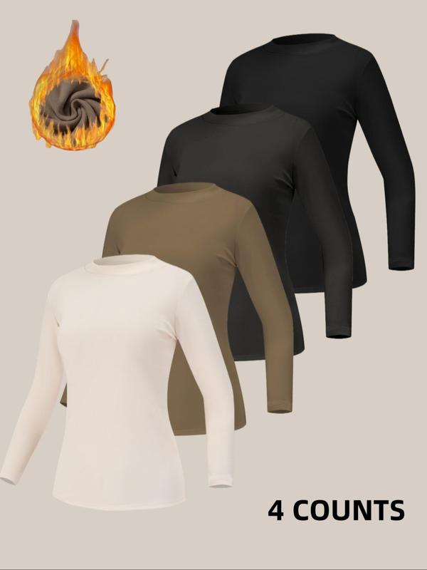 Women's Solid Color Thermal Lined Top, Casual Comfy Long Sleeve Top for Fall & Winter, Women's Underwear for Daily Wear