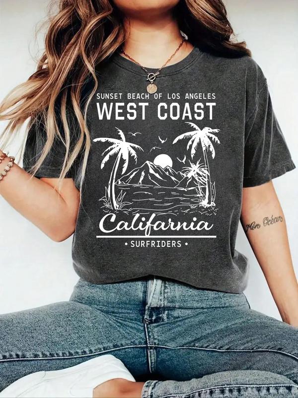 Women's Sunset Beach & Coconut Tree Print Vintage Graphic Tees, T Shirts for Women, Back To School Outfits, Casual Half Sleeve Round Neck T-shirt, Summer Outfits 2024, Graphic Tees, Women's Top for Daily Wear for Birthday Gifts