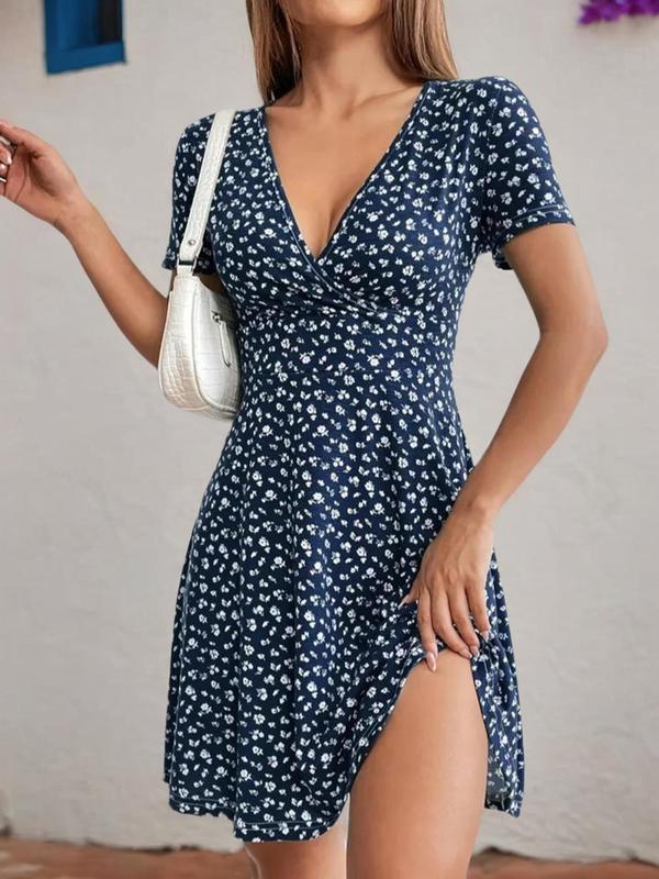 Women's Ditsy Floral Print Wrap A Line Vintage Dress, Boho V Neck Short Sleeve Dress for Daily Holiday Vacation Wear, Frenchy Style Summer Clothes Women, Ladies Dress