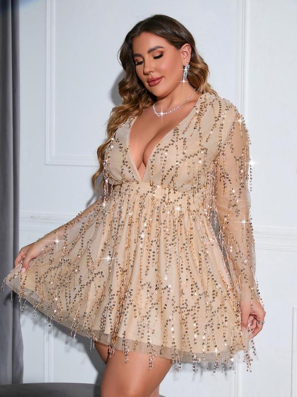 Plus Size Summer Clothes, Glitter Sequin Trim Sheer A Line Dress, Elegant Deep V Neck Long Sleeve Dress For Party Banquet, Women's Clothing For Summer Christmas