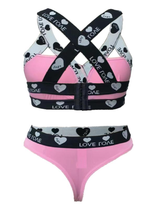  Heart & Letter Tape Criss Cross Bra & Panty Two-piece Set, Casual Comfy Breathable Two-piece Underwear Set for Daily Wear, Women's Underwear Set for All Seasons