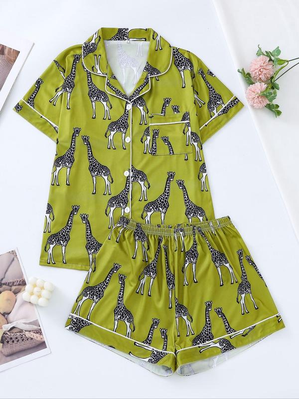 2 Pieces Women's Cartoon Giraffe Print Pyjama Set, Casual Button Front Lapel Shirt & Elastic Waist Shorts Loungewear Set, Women's Summer Sleepwear & Homewear, Pajama Set for Women, Pj Sets for Women, Summer Wear 2024, Co-ord Set for Women