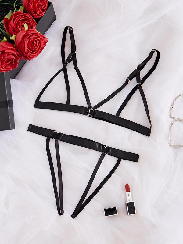 Women's Solid Cut Out Sexy Lingerie Two-Piece Set, Adjustable Strap Bra & Open Crotch Design Thong Set, Fashion Comfy Women's Lingerie Set for All Seasons