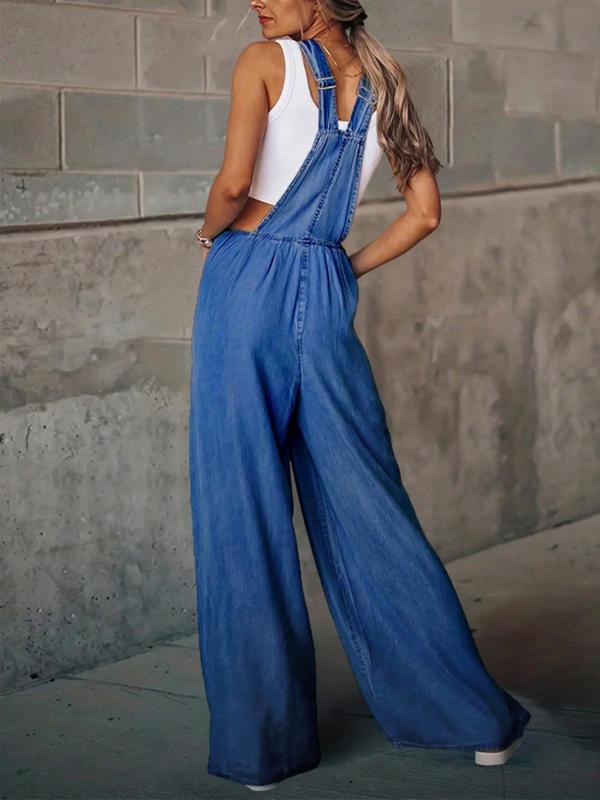 Women's Basic Denim-Effect Print Plicated Wide Leg Overalls Jumpsuit, Back To School Outfits, Lady Fashion Comfort Sleeveless Pocket Square Neck Overalls Jumpsuit, Strappy One-Piece Outfits, Womenswear, Preppy 80s Clothes