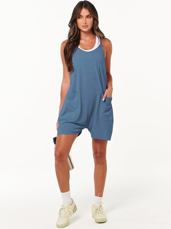 Women's Plain Pocket Scoop Neck Cami Romper without Tank Top, Casual Sleeveless Romper for Summer, Women's Clothes for Daily Wear