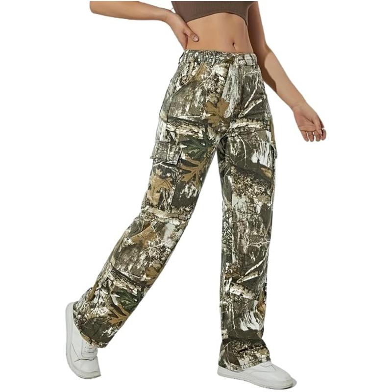 PINKYMOOR sports camouflage pants low waist wide leg pants workwear straight with pockets camouflage women's pants women's comfortable bottoms