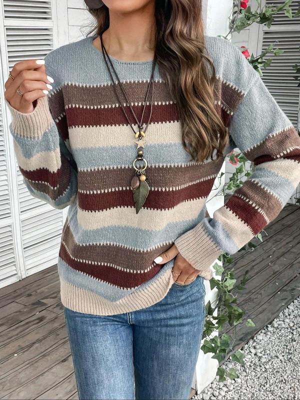 Women's Colorblock Striped Print Drop Shoulder Sweater, Casual Long Sleeve Round Neck Jumper for Fall & Winter, Fashion Ladies' Knitwear for Daily Wear