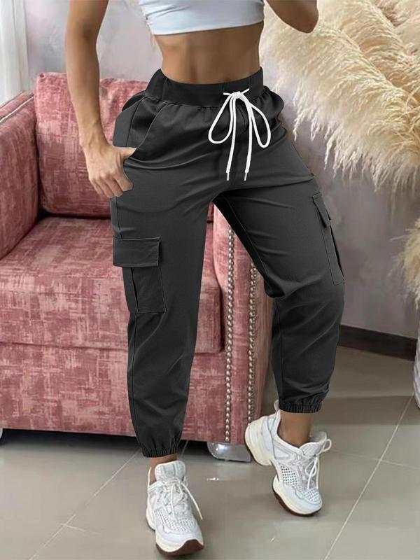 Women's Plain Drawstring Waist Cargo Pants, Casual Pocket Trousers for Daily Wear, Ladies Bottoms for All Seasons