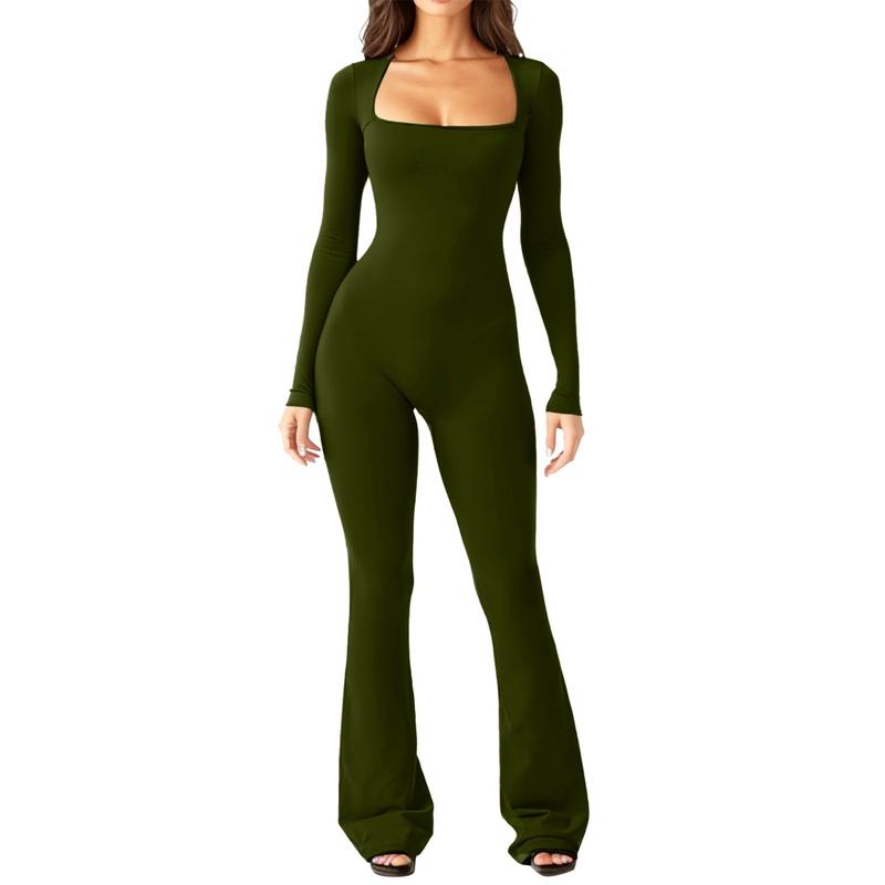 Women Long Sleeve Belly Waist Shaping And Hip Lift Square Collar Wide Leg High Elastic Jumpsuit Fabric Trouser