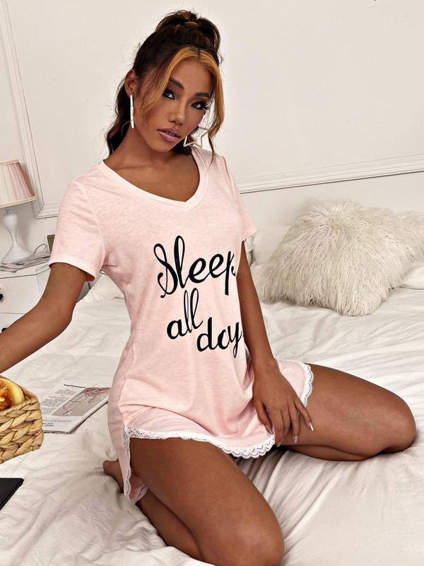 Women's Letter Print Contrast Lace Split Hem Nightdress PJ, Summer Clothes Women Deep V Neck Short Sleeve Nightgown Nighties For Daily Wear, Dresses for Women, Soft Comfy Sleep Tee Dress For Summer