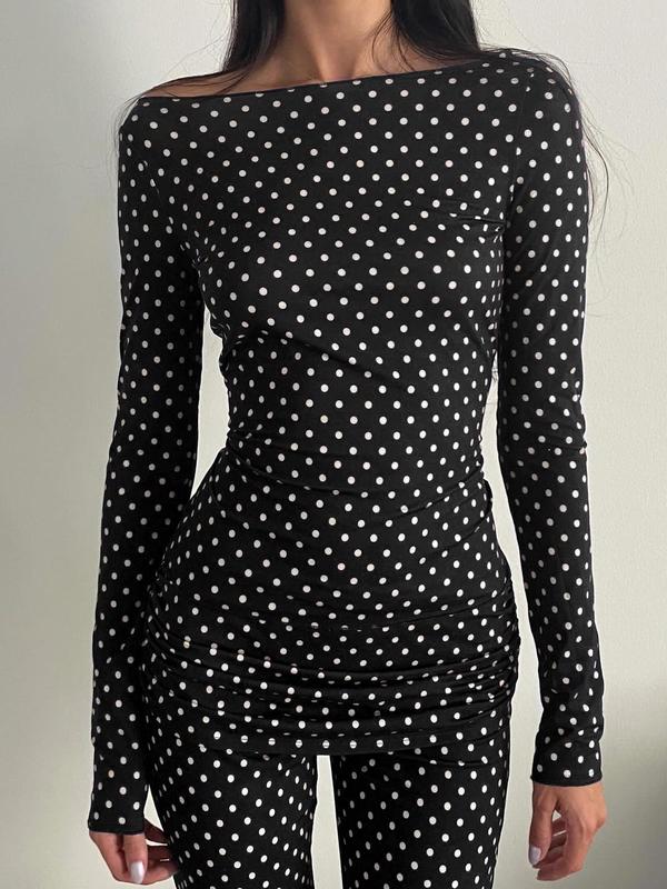 Women's Polka Dot Print Round Neck Tee, Casual Long Sleeve T-shirt for Fall & Winter, Women's Clothing for Daily Wear