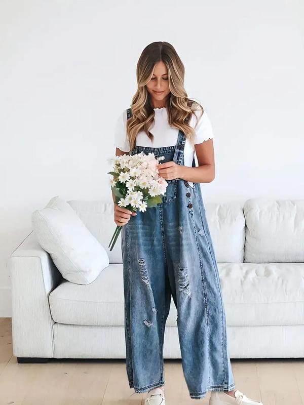 Women's Ripped Raw Hem Pocket   Denim Overalls, Casual Comfy Wide Leg Overalls for Daily Wear, Ladies Clothes for All Seasons