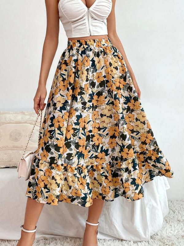 Women's Floral Print Ruffle Hem Vintage Midi Skirt, Boho Elastic Waist A Line Skirt, Summer Clothes Women, Midi Skirts Outfits, T, Skirts for Women, Ladies Bottoms for Daily Wear