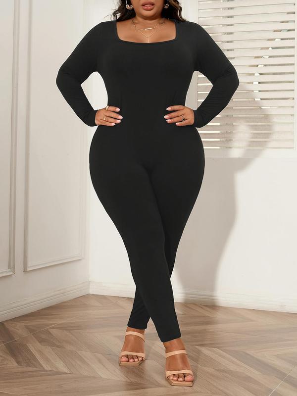 CURVZY Black Friday Deals Plus Size Solid Long Sleeve Square Neck Fall Aesthetic Skinny Jumpsuit, Casual Comfy One Piece Jumpsuit, Women's Plus Clothing for Daily Wear, Christmas 2024 Trend, Thanksgiving Clothes, Fall Clothes, Winter Clothes