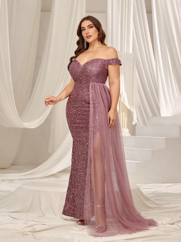  Glitter Sequin Off The Shoulder Evening Dress, Elegant Contrast Mesh Split Thigh Backless Dress, Women's Clothes for Banquet Wedding Guest, Plus Size Women's Clothing