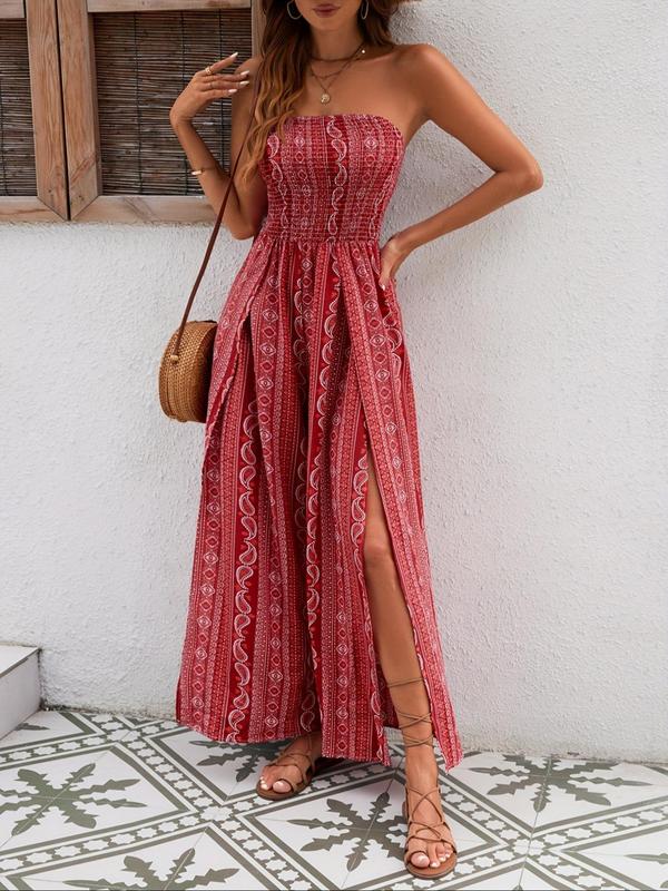 Women's Paisley & Ethnic Pattern Shirred Wide Leg Vintage Jumpsuit, Jumpsuit for Women, Boho Wrap Split Thigh Tube Jumpsuit, Ladies Summer Clothes for Beach Holiday Vacation