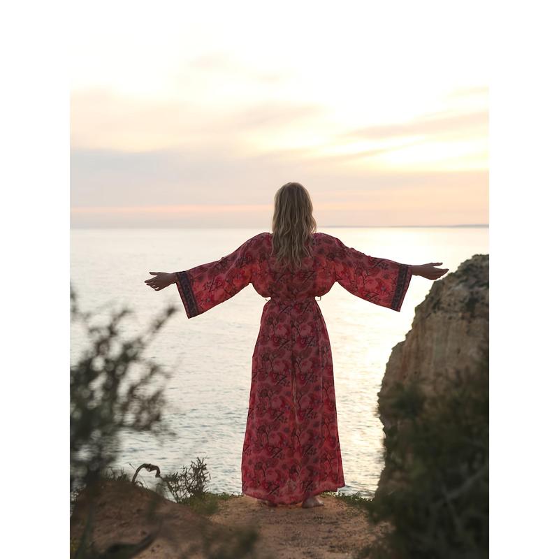 Boho Chic Plus Size Women's Long Robe with Full Print V-Neck Tie Waist - Perfect for Spring Summer Fall