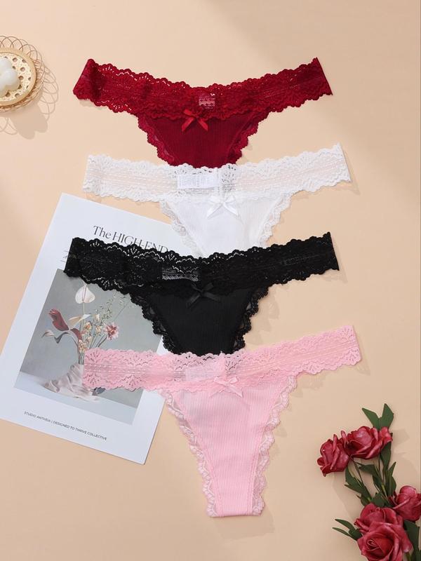 Women's Back To School Bow Front Contrast Lace Thong, Breathable Comfortable Knicker for Daily Wear, Fall Wear 2024, Underwear for Women, Ladies Underwear for Fall