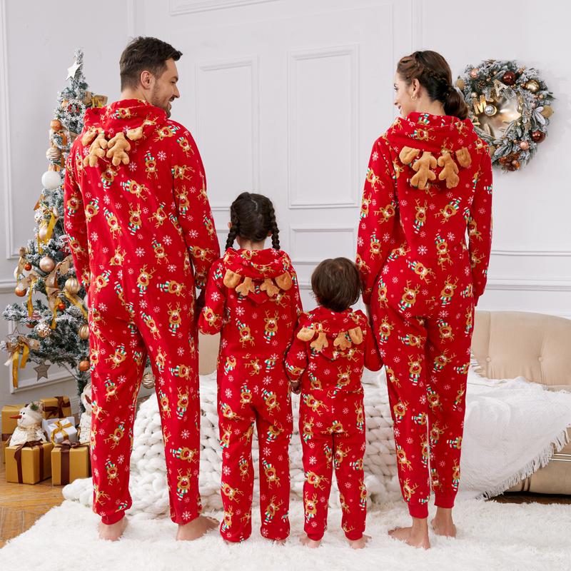 PatPat Christmas Family Matching Allover Deer Print 3D Antler Hooded Long-sleeve Red Thickened Polar Fleece Onesies Pajamas