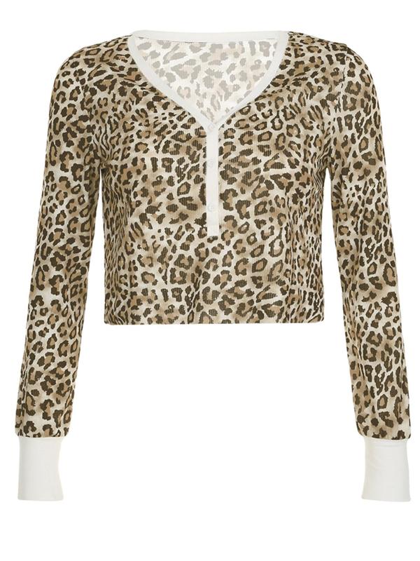 Women's Leopard Print Button Front Tee, Casual Long Sleeve Sweetheart Neck T-Shirt for Spring & Fall, Women's Clothes for Daily Wear