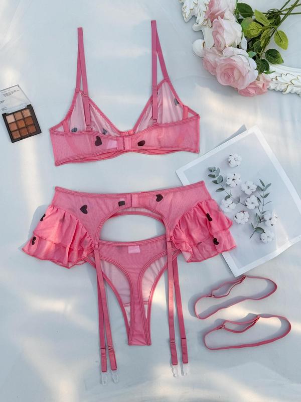 Women's Heart Print Sheer Lingerie Set, Push Up Bra & Panty & Ruffle Trim Garter Belt & Thigh Belt Set for Home Wear, Women's Lingerie & Underwear