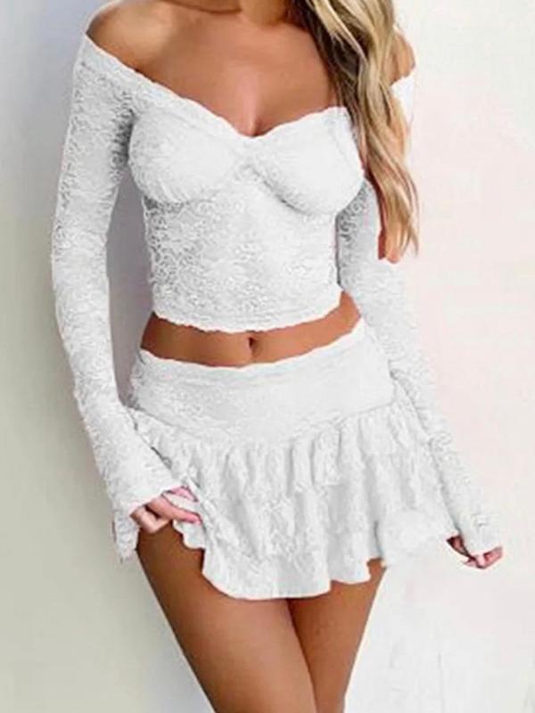 Two-Piece Set Women's Plain Floral Lace Off Shoulder Scallop Trim Crop Top & Tiered Layer Ruffle Hem Skirt Set, Elegant Casual Sheer Long Sleeve Top & Drop Waist Skirt for Fall, Fall Ladies Vintage Clothes for Daily Wear