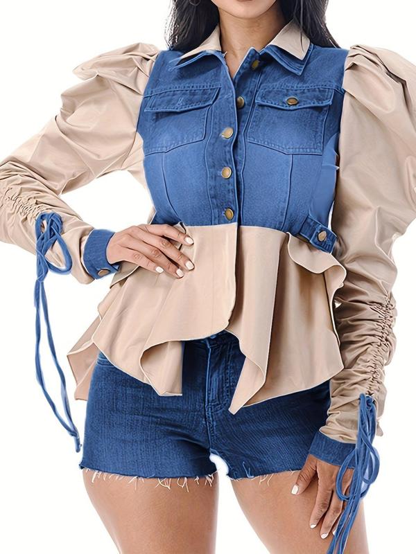 Women's Colorblock Ruched Knot Design Long Sleeve Button Front Blouse, Casual Leg-of-Mutton Sleeve Pocket Top for Spring & Fall, Women's Clothing