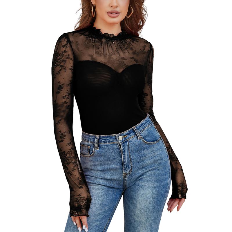 Women's Christmas Vintage Lace Crochet Splicing Sheer Long Sleeve Bodysuit Shirt Mesh Turtleneck Solid Midnights Going Out Thanksgiving Gift Winter Body Suit Tops