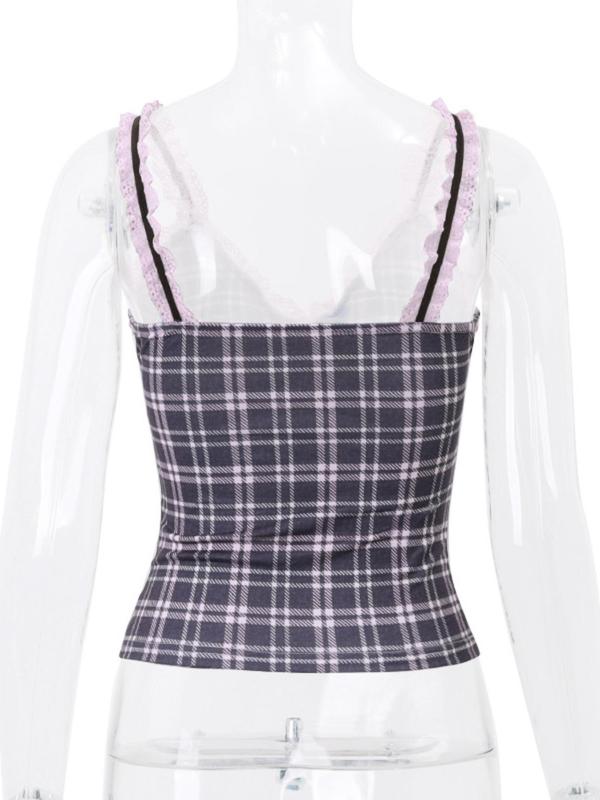 Women's Plaid Print Contrast Lace Bow Decor Crop Cami Top, Y2K Casual 2000s Y2K Sweetheart Neck Criss Cross Camisole for Summer, Women's Fashion Top for Daily Wear