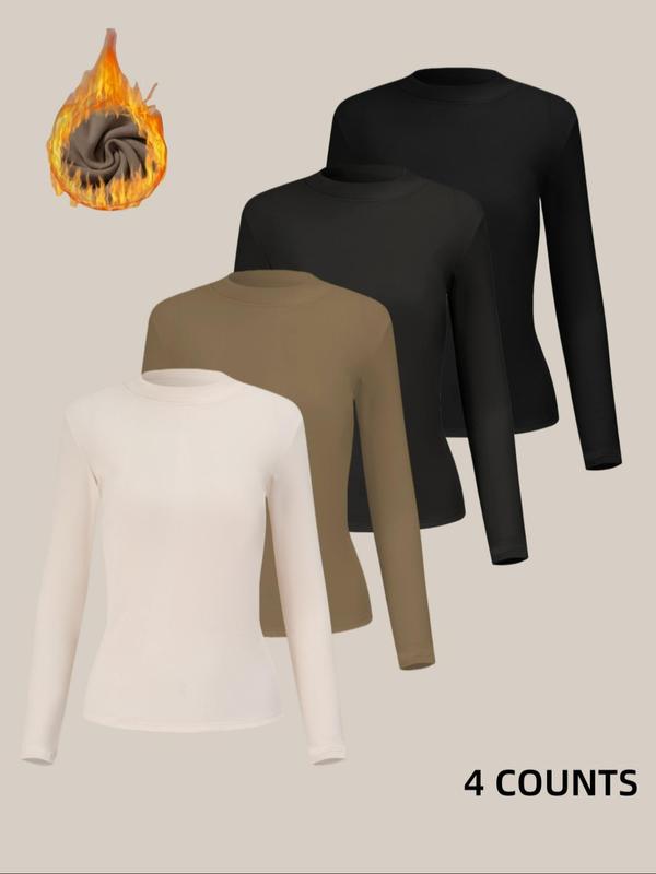 Women's Solid Color Thermal Lined Top, Casual Comfy Long Sleeve Top for Fall & Winter, Women's Underwear for Daily Wear