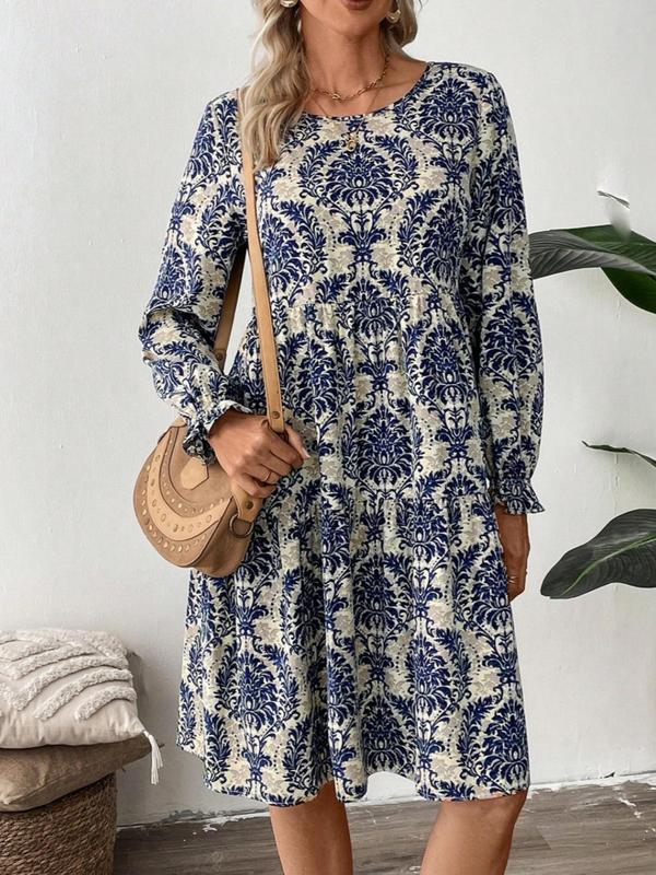 Women's Floral Print Ruffle Hem Smock Dress, Boho Fashion Long Sleeve Round Neck Knee Length Dress for Daily Holiday Vacation Wear, Ladies Dress for All Seasons