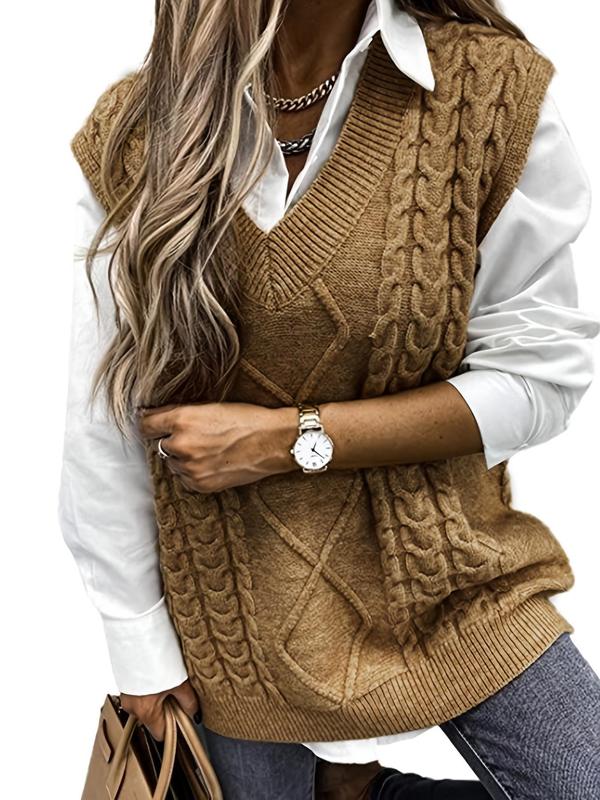 Women's Solid Textured V Neck Sweater Vest, Casual Preppy Cable Knit Pullover for Fall & Winter, Women's Knitwear for Daily Wear, Fall Outfits 2024 Womenswear Tops Comfort Basic Minimalist