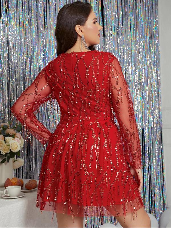 Plus Size Summer Clothes, Glitter Sequin Trim Sheer A Line Dress, Elegant Deep V Neck Long Sleeve Dress For Party Banquet, Women's Clothing For Summer Christmas