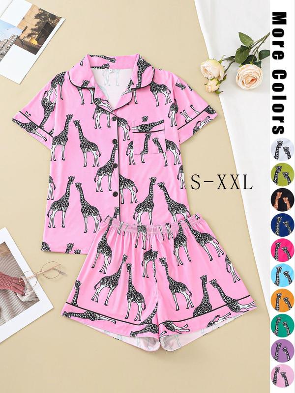 2 Pieces Women's Cartoon Giraffe Print Pyjama Set, Casual Button Front Lapel Shirt & Elastic Waist Shorts Loungewear Set, Women's Summer Sleepwear & Homewear, Pajama Set for Women, Pj Sets for Women, Summer Wear 2024, Co-ord Set for Women