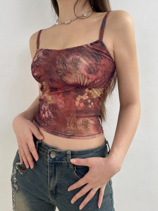 Women's Floral Print Backless Crop Cami Top, Summer Clothes Women, Boho Spaghetti Strap Cropped Top for Daily Outdoor Wear, Women's Clothing for Summer