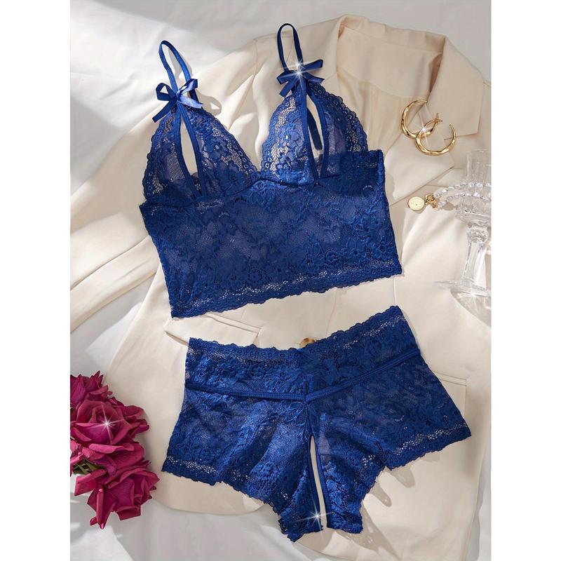 Sexy Floral Lace Lingerie Set, Hollow Out Bow Knot Bra & Open Crotch Boyshort Panties, Women's Sexy Lingerie & Underwear