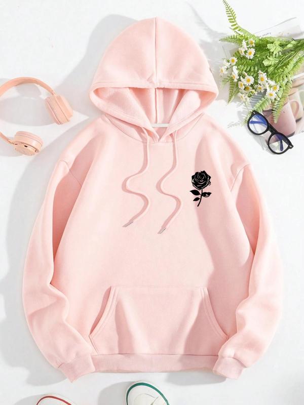 Women's Floral Print Drop Shoulder Drawstring Hoodie, Fashion Casual Pocket Hooded Sweatshirt for Daily Outdoor Wear, Women Fall & Winter Clothes