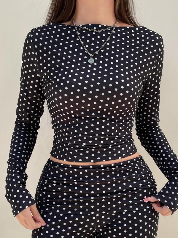 Women's Polka Dot Print Round Neck Tee, Casual Long Sleeve T-shirt for Fall & Winter, Women's Clothing for Daily Wear