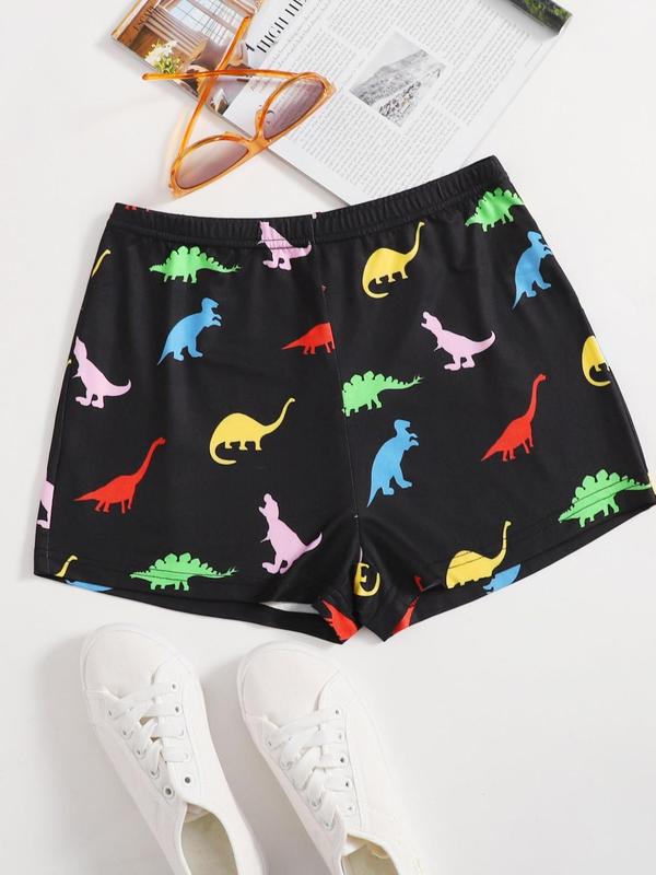 Women's Dinosaur Print Elastic Waist Shorts, Casual Comfy Shorts for Daily Wear, Ladies Bottoms for All Seasons