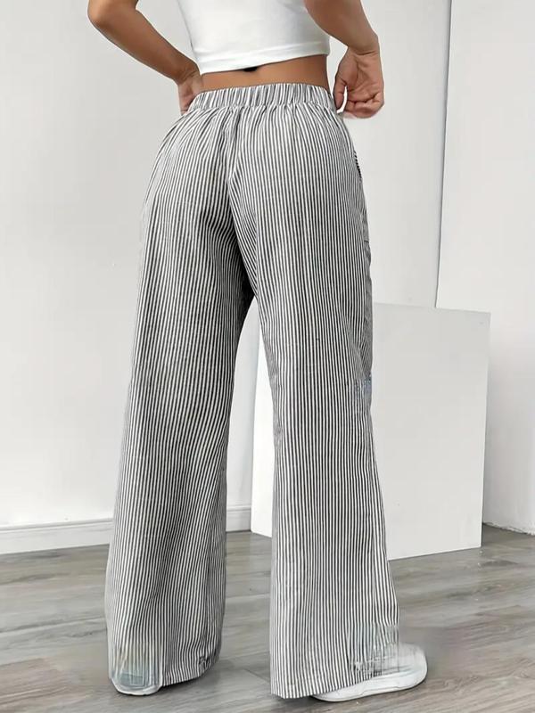 Women's Striped Print Drawstring Waist Wide Leg Pants, Casual Pocket Trousers for Fall & Winter, Women's Bottoms for Daily Wear