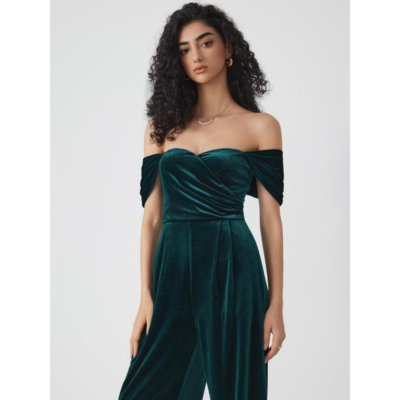 Cider [3 colors, Size 2-26] Velvet Off-shoulder Solid Ruched Jumpsuit