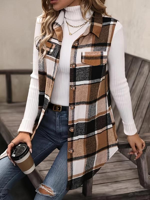  Plaid Print Button Front Pocket Vest Coat, Casual Sleeveless Collared Outerwear for Fall & Winter, Women's Clothes for Daily Wear