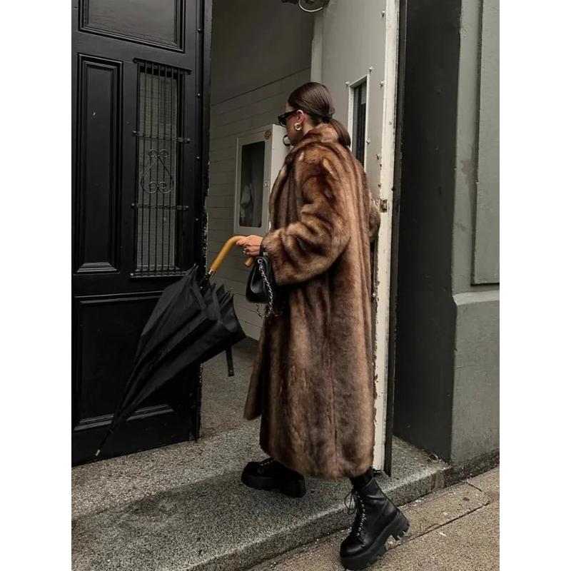 Women Retro Luxury Faux Fur Coat Fashion Lapel Single Breasted Long Sleeve Pockets Jacket Winter Plush Warm High Street Outwear