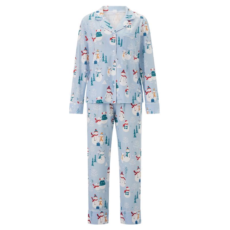 Matching Christmas Pajamas for Family Long Sleeve Snowman Print Shirts Blouse and High Waist Long Pants Set Loungewear