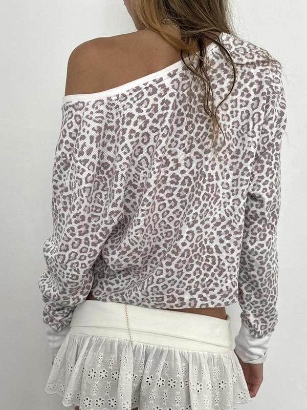 Women's Leopard Print Button Front Tee, Y2K V Neck Long Sleeve T-Shirt for Fall & Winter, Women's Clothes for Daily Wear